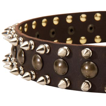 Dog Leather Collar with Hand Set Spikes  And Studs