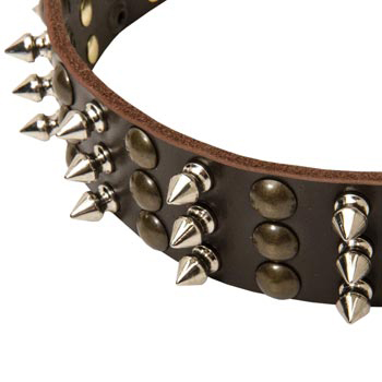 3 Rows of Spikes and Studs Decorative Dog  Leather Collar